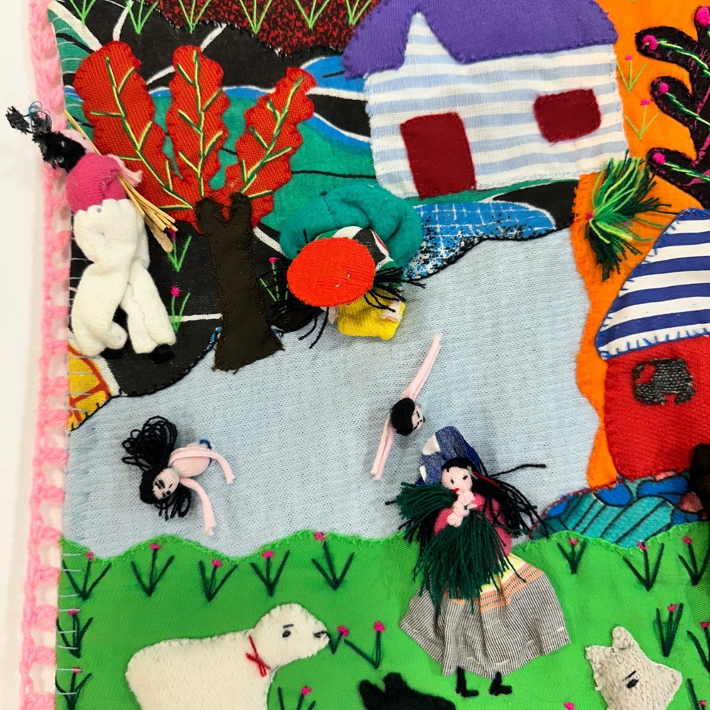 Vintage Peruvian Arpillera Cosecha Wall Hanging 20x20 Multicolor 3D Folk Art - Picture 4 of 11